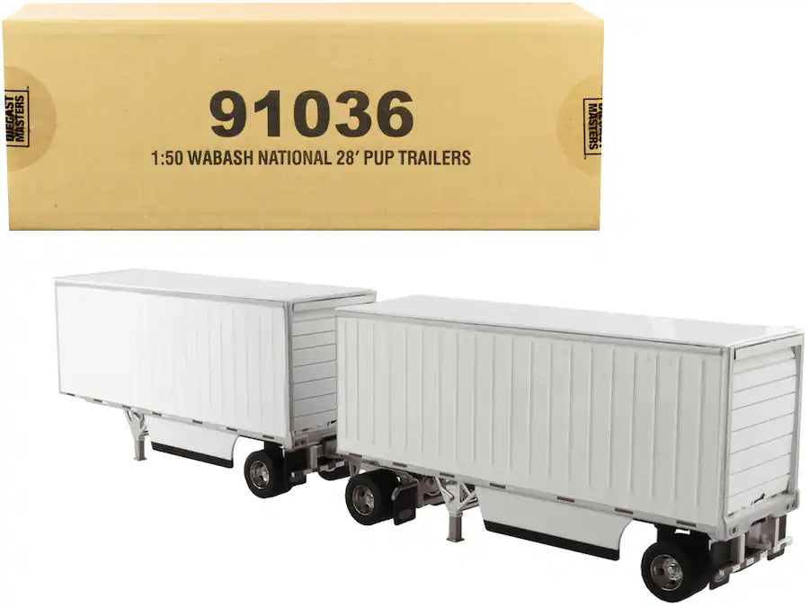 Par de remolques Diecast Masters Wabash National Pup Trailers 28 pies escala 1:50 color blanco con gran nivel de detalle.