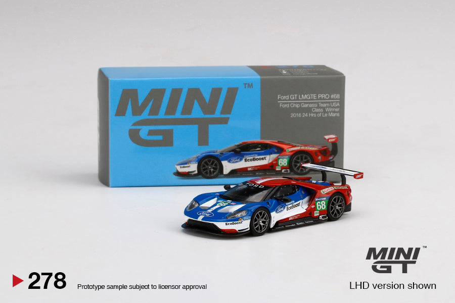 Mini GT Ford GT LM GTE Pro #68 1:64 rojo blanco azul con llantas de goma estilo Le Mans
