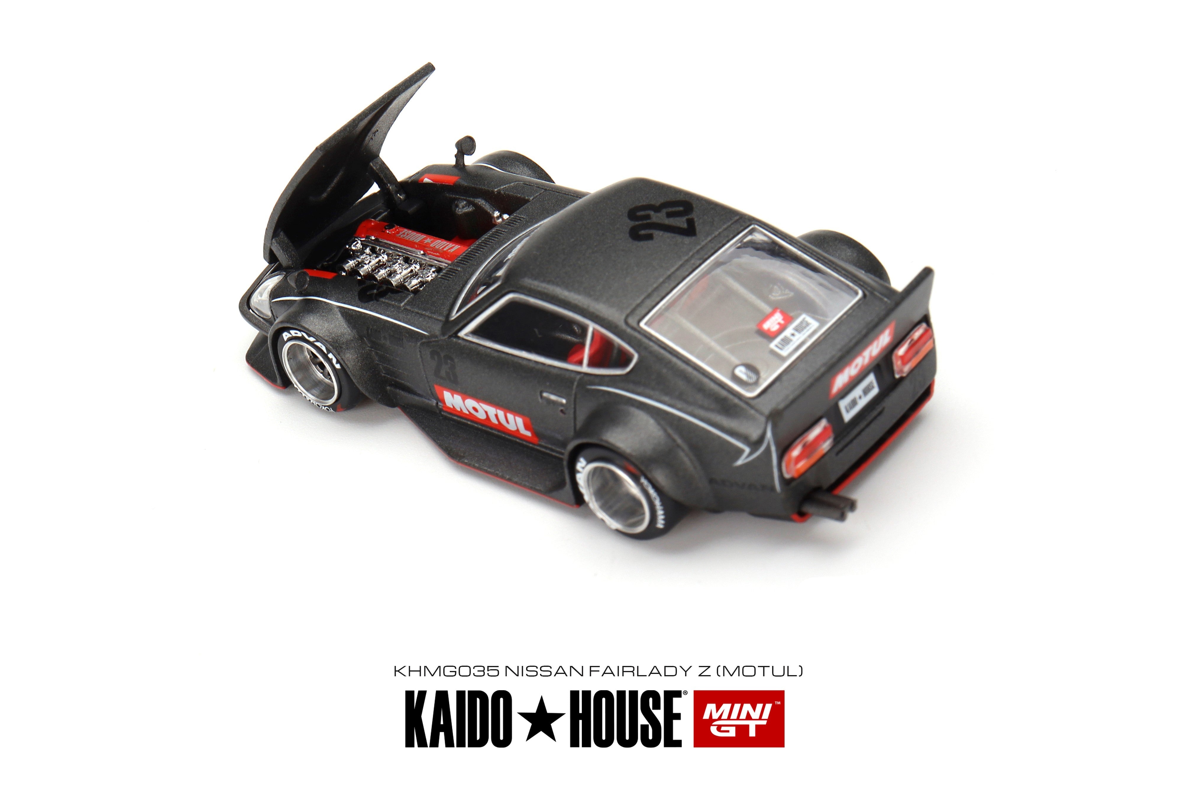 Kaido House Nissan Fairlady Z Motul 1:64 negro mate con llantas de goma y cofre abatible con motor detallado
