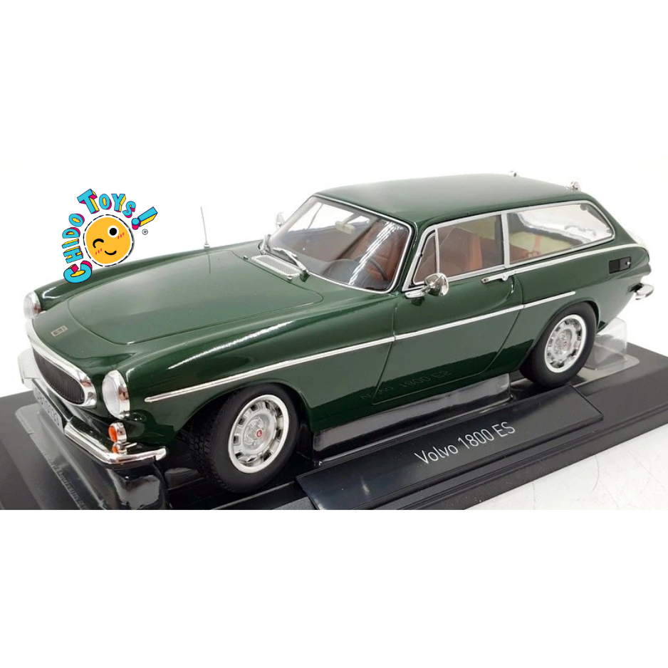 Norev Volvo 1800 ES 1973 1:18 verde oscuro, diecast con llantas de goma, cajuela de cristal abatible y base.