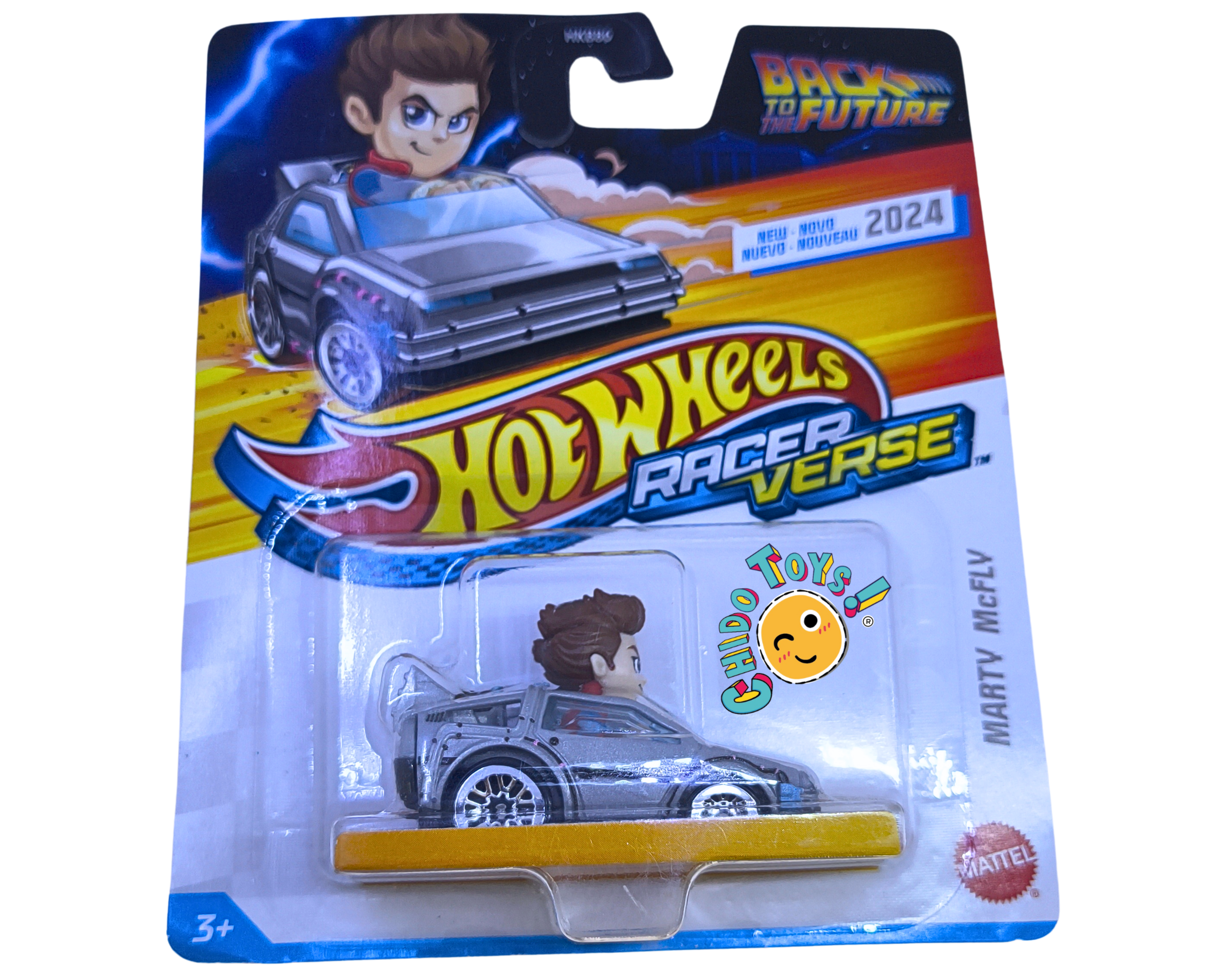 Hot Wheels RacerVerse Marty McFly 1:64 DeLorean gris con figura integrada estilo caricatura en blíster coleccionable