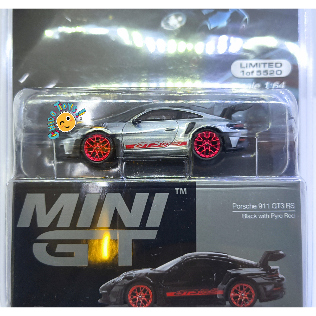 Mini GT Porsche 911 GT3 RS CHASE 1:64 negro con rines Pyro Red, llantas de goma y edición especial MiJo Exclusives