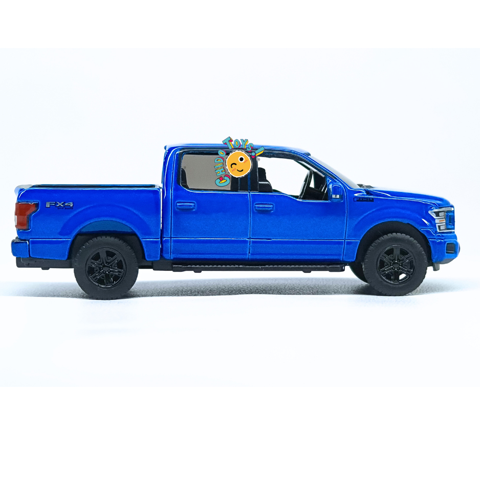 Auto World Ford F-150 2020 1:64 Velocity Blue, cuerpo de metal, llantas de goma y cofre abatible con motor detallado.
