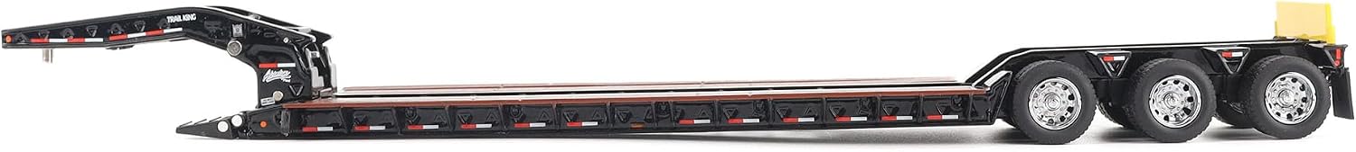 Diecast Masters Trail King TK120 1:50 negro, remolque Lowboy de tres ejes con cuello desmontable y plataforma tipo madera.