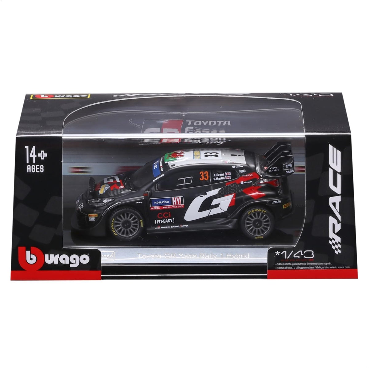 Bburago Toyota GR Yaris Rally1 Hybrid #33 WRC 1:43 negro, con seis faros auxiliares, alerón trasero y caja exhibidora.
