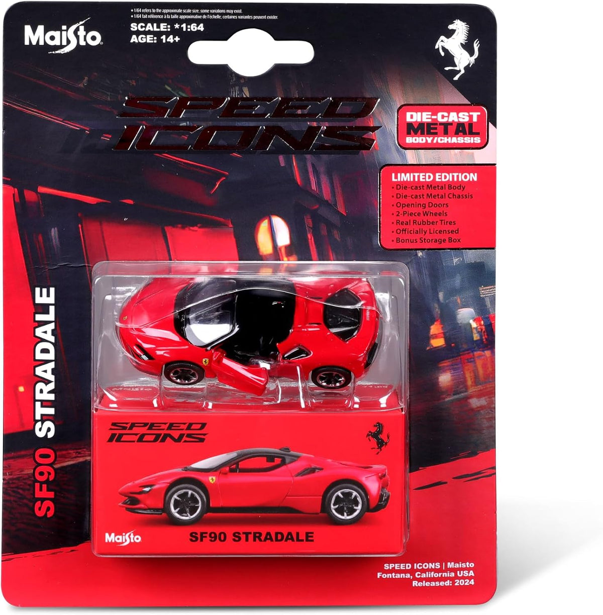 Maisto Ferrari SF90 Stradale 1:64 rojo con techo negro, puertas abatibles, cuerpo de metal y llantas de goma.