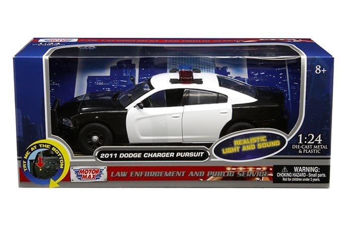 Motor Max Dodge Charger Pursuit 2011 escala 1:24 blanco y negro con luces, sonido, carrocería de metal y caja de exhibición.