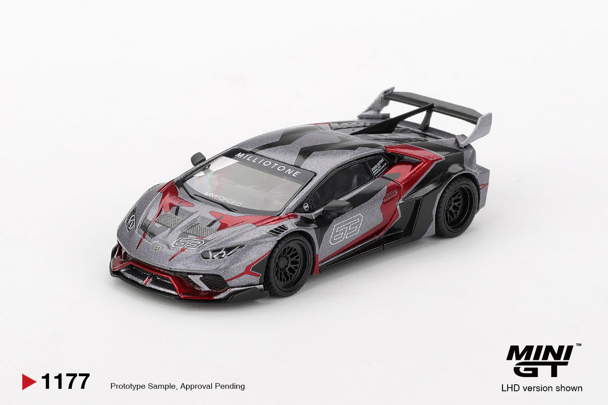 MINI GT LB★WORKS Lamborghini Huracán GT RONIN 1:64 gris, negro y rojo #63, con llantas de goma y gran alerón trasero.