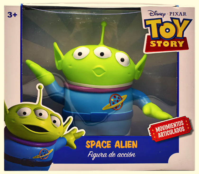 Figura Space Alien Disney Pixar Toy Story verde y azul, con tres ojos, antena, movimientos articulados y caja exhibidora.