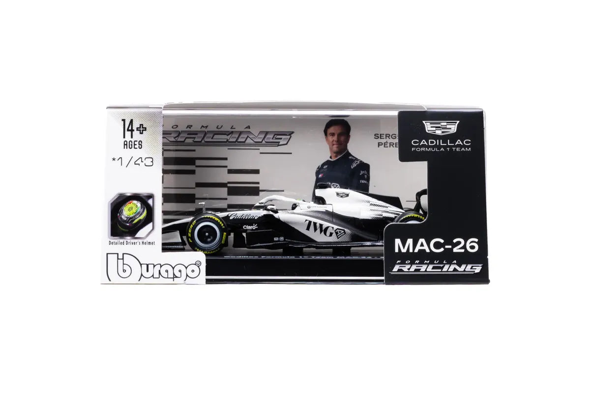Bburago Cadillac F1 MAC-26 Sergio Pérez #11 1:43 plata y negro, con piloto, casco detallado, base y capelo transparente.