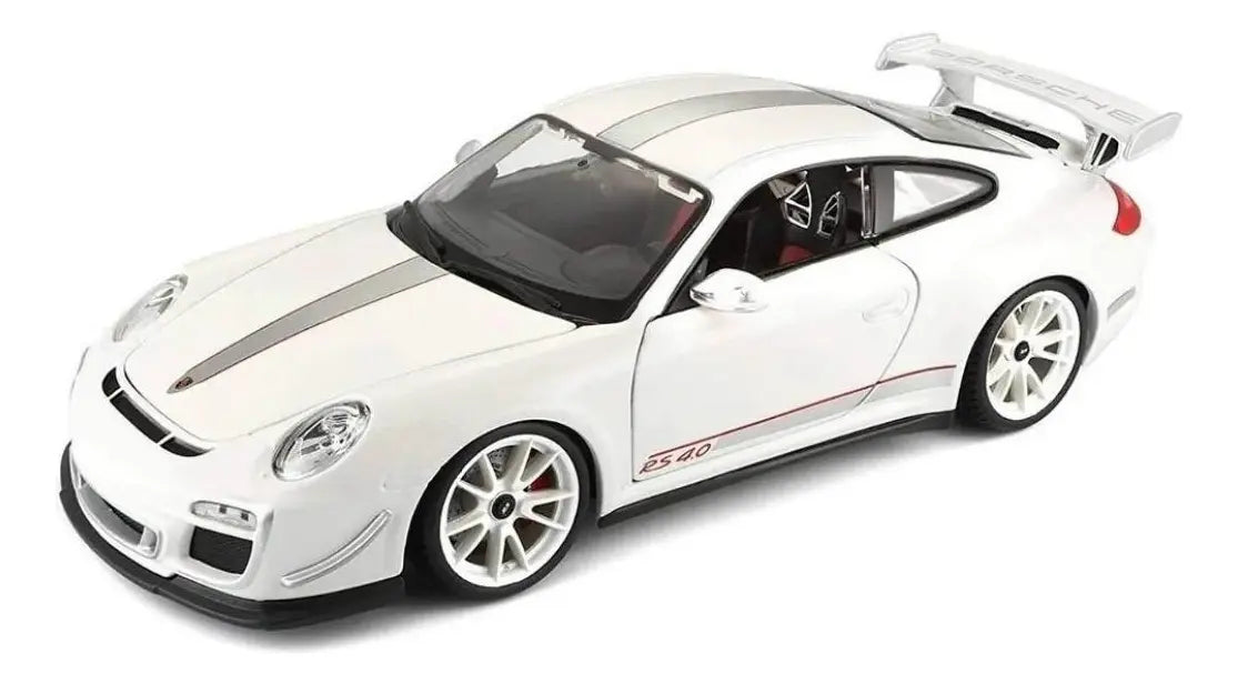 Maisto Porsche 911 GT3 RS 4.0 1:18 blanco, diecast con llantas de goma y apertura de cofre, puertas y compartimento del motor.