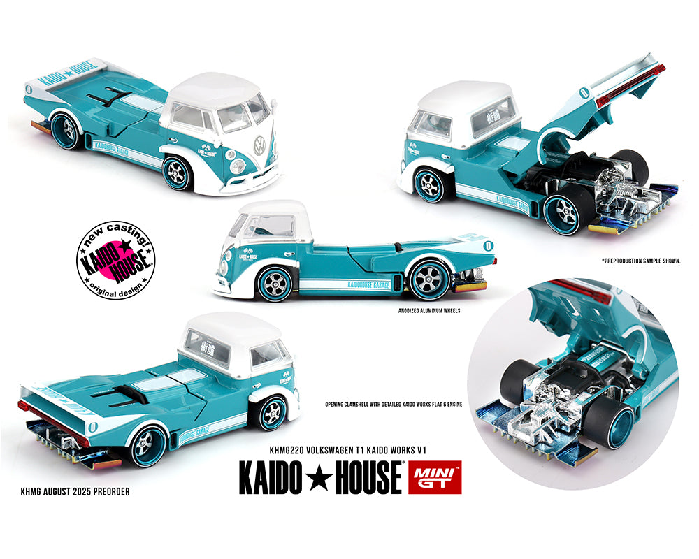 Kaido House Volkswagen T1 Kaido Works V1 1:64 turquesa y blanca, con llantas de goma y cubierta trasera abatible.