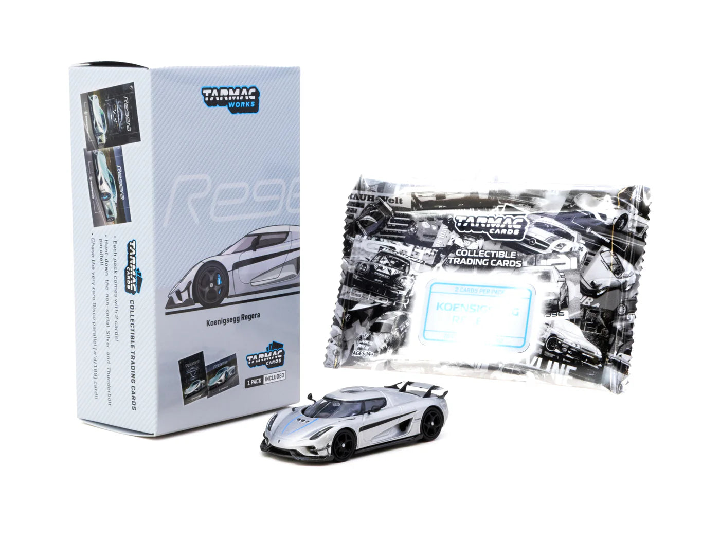 Tarmac Works Koenigsegg Regera 1:64 color plata con llantas de goma incluye paquete de trading cards coleccionables