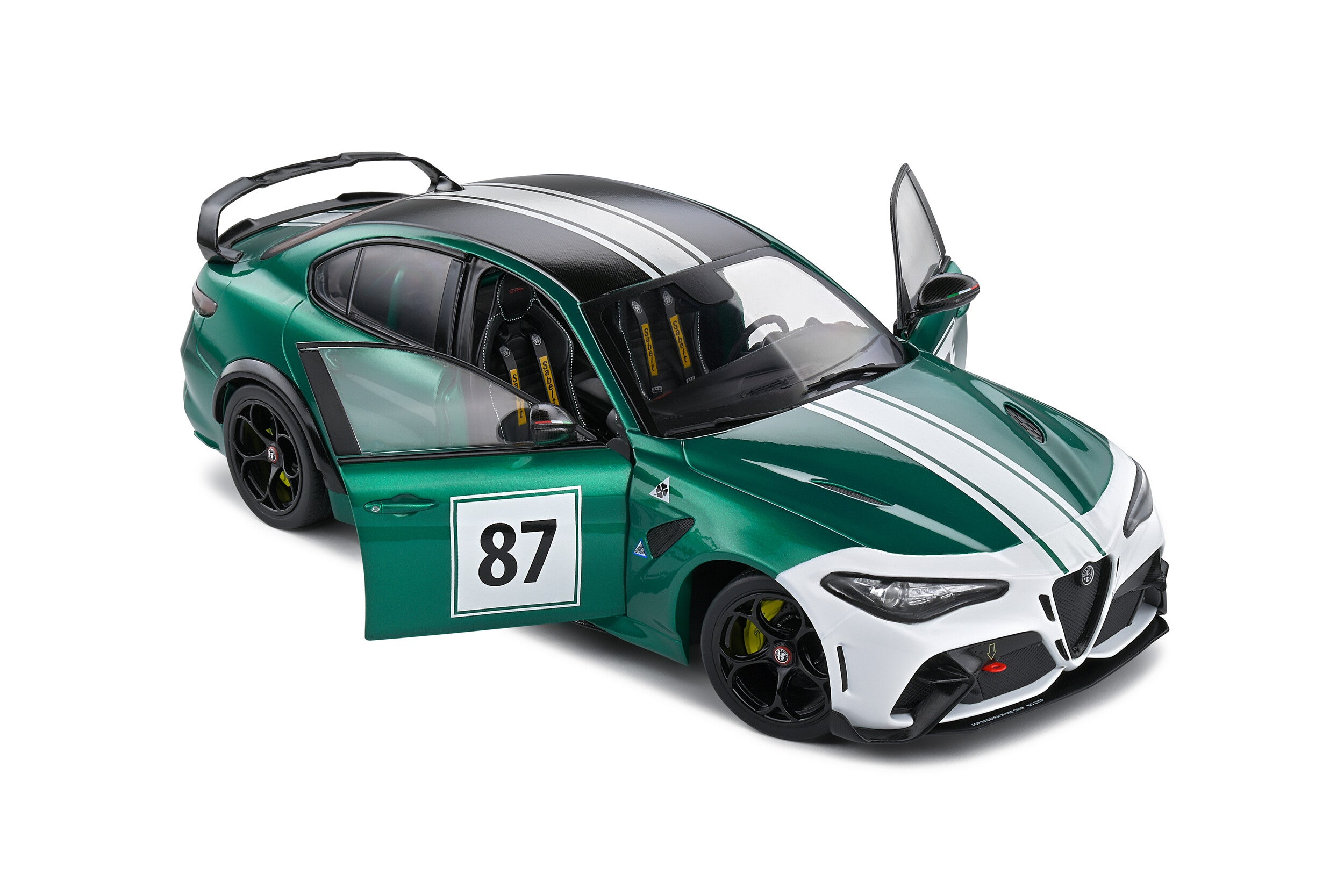 Solido Alfa Romeo Giulia GTAm Nürburgring 1973 Tribute escala 1:18 verde metalizado con franjas blancas, puertas abatibles y llantas de goma.