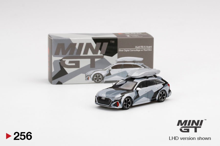 Audi RS 6 Avant Silver Digital Camouflage c/ Roof Box 1:64 – Mini GT - Chido Toys