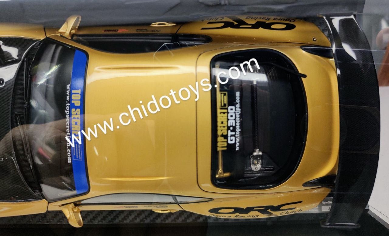 Auto a escala 1:18 marca Ignition Model, modelo Toyota Supra (JZA80) Top Secret TRD GT300 Widebody in Gold - Chido Toys