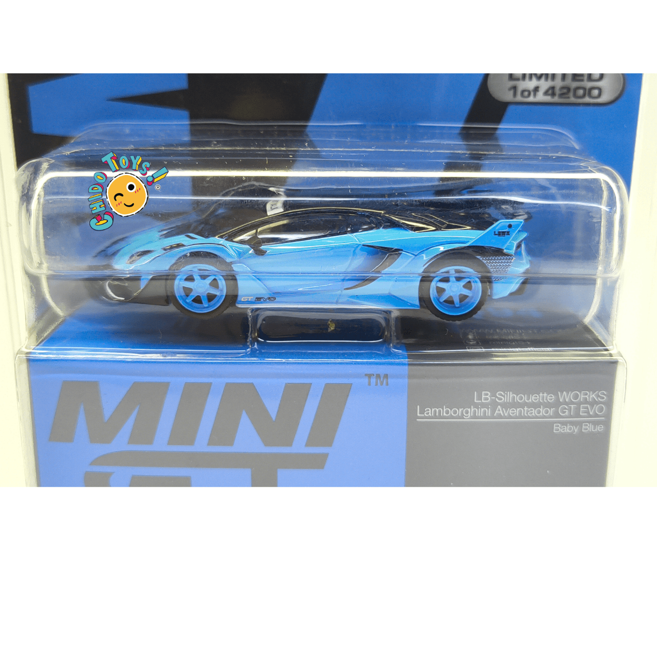 Auto a escala 1:64 MINI GT 494 LB - Silhouette Works Lamborghini Aventador GT EVO Baby Blue – Versión CHASE - Chido Toys