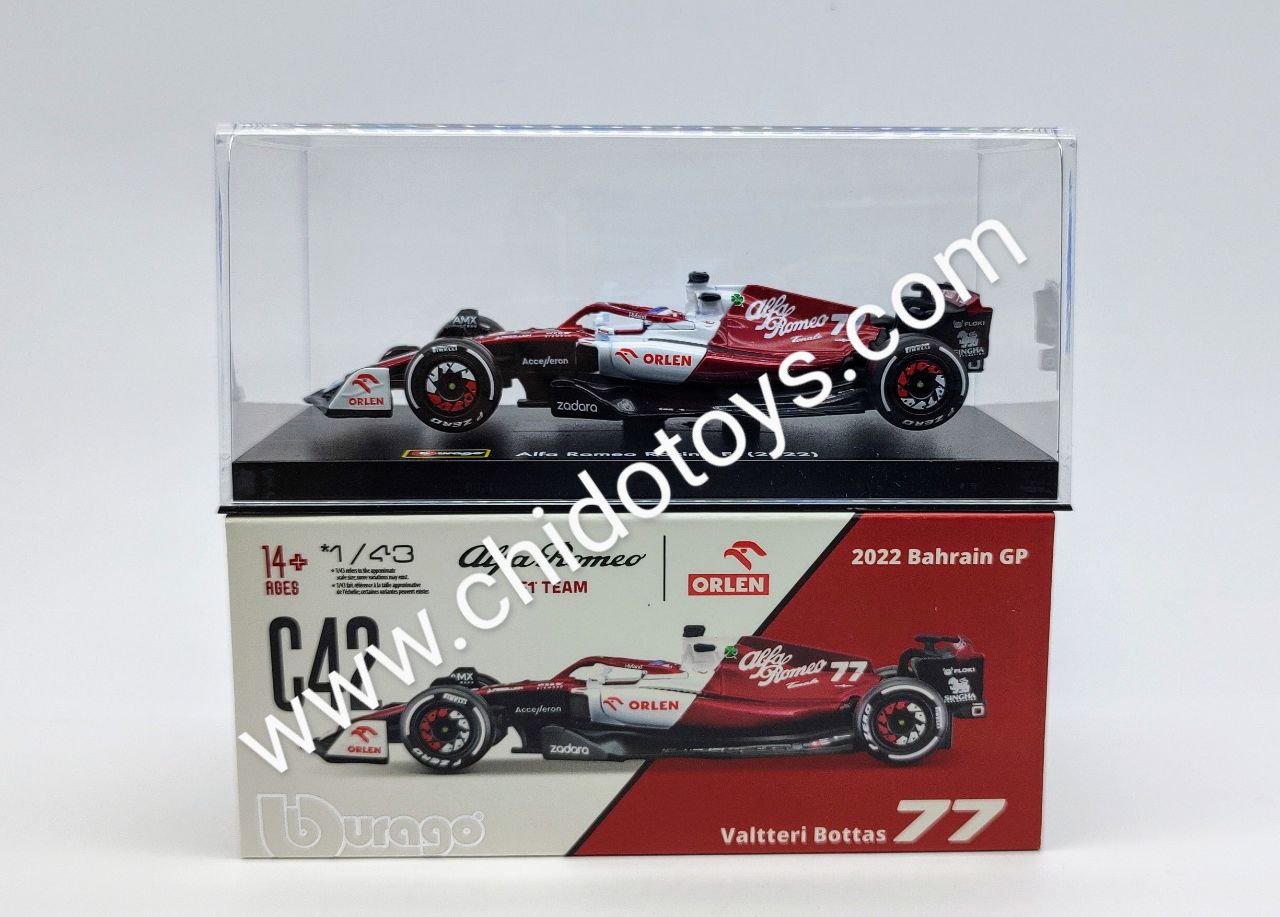 Auto a escala marca Bburago, Modelo F1 Alfa Romeo Racing, Valtteri Bottas - Chido Toys