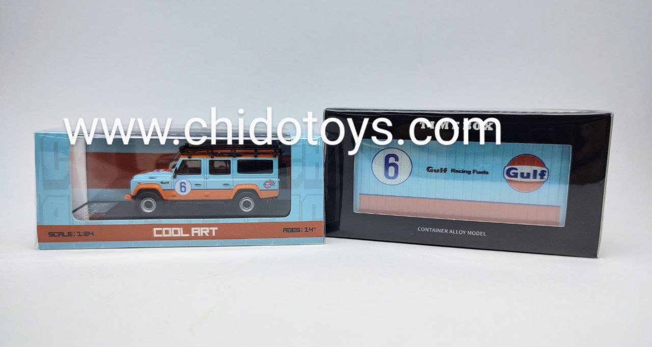Auto a escala marca Cool Art, modelo SET Land Rover Defender Gulf - Chido Toys