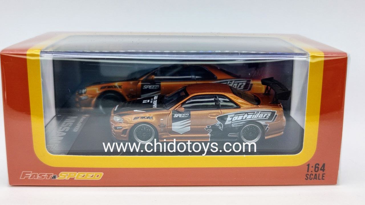 Auto a escala marca Fast & Speed, Modelo GT - R R34 Cobre - Chido Toys