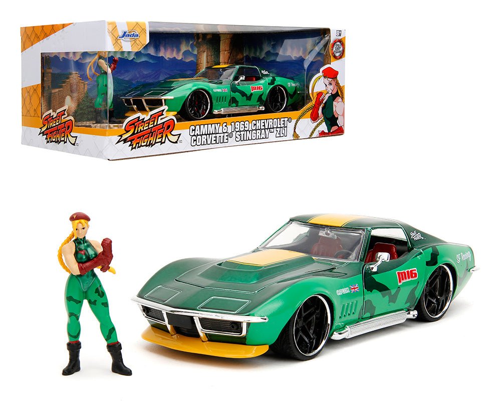 Auto a escala marca Jada, Modelo Street Fighter Cammy & 1969 Chevrolet Corvette Stingray ZL1 - Chido Toys