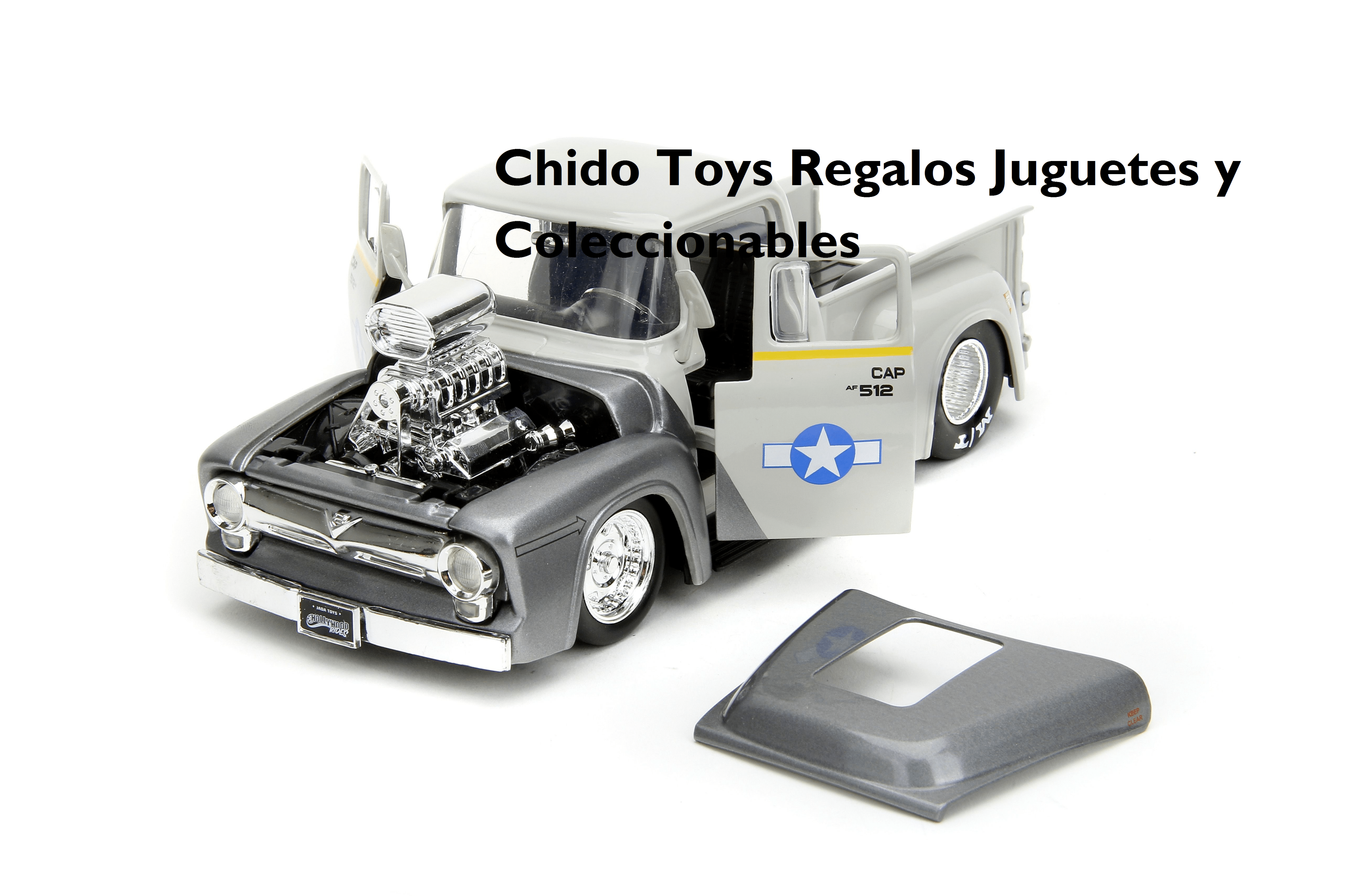 Auto a escala marca Jada, Modelo Street Fighter Guile y Ford F - 100 de 1956 (gris) - Chido Toys