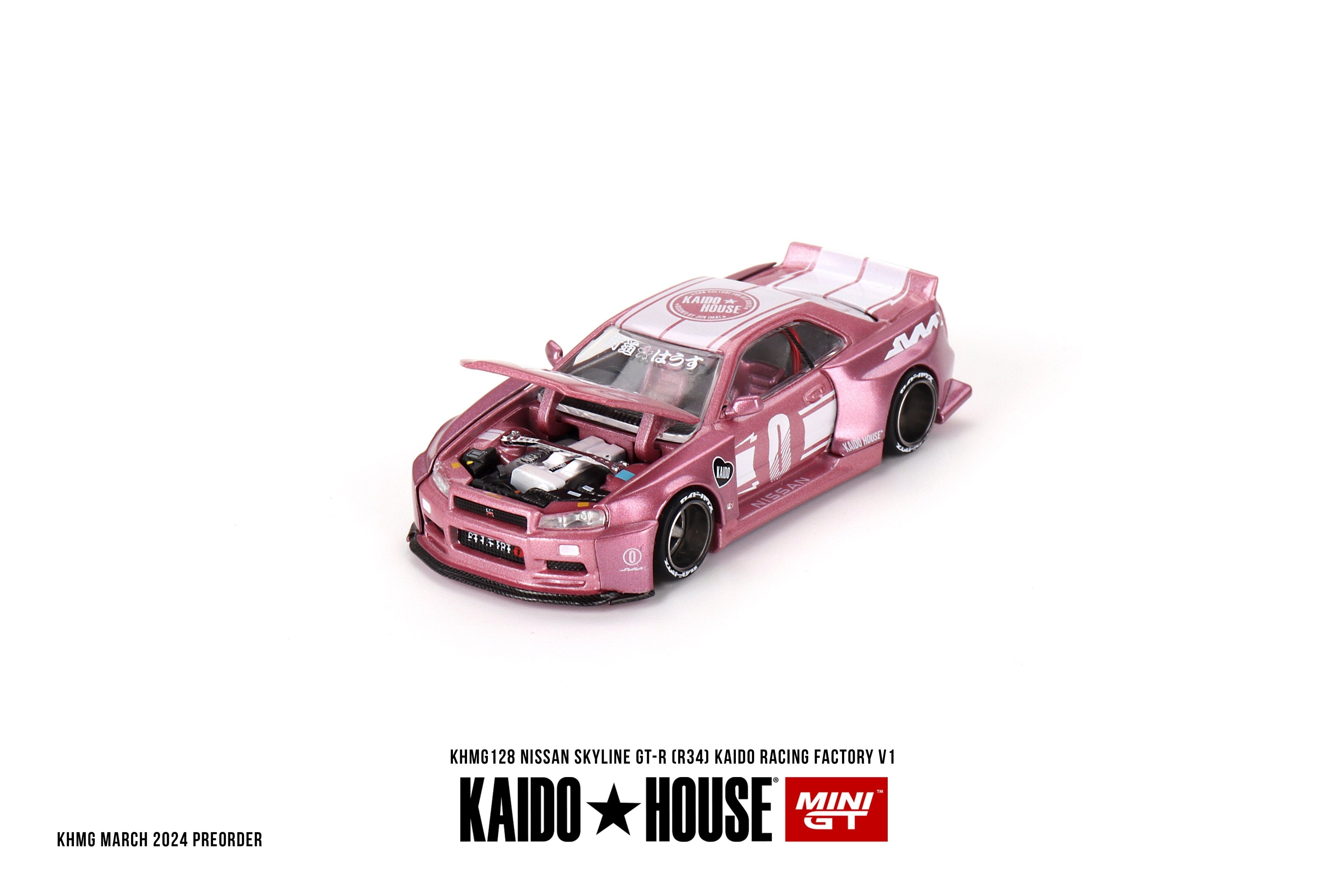 Auto a escala marca Kaido House Modelo Skyline GT - R (R34) Kaido Racing Factory V1 – Rosa - Chido Toys