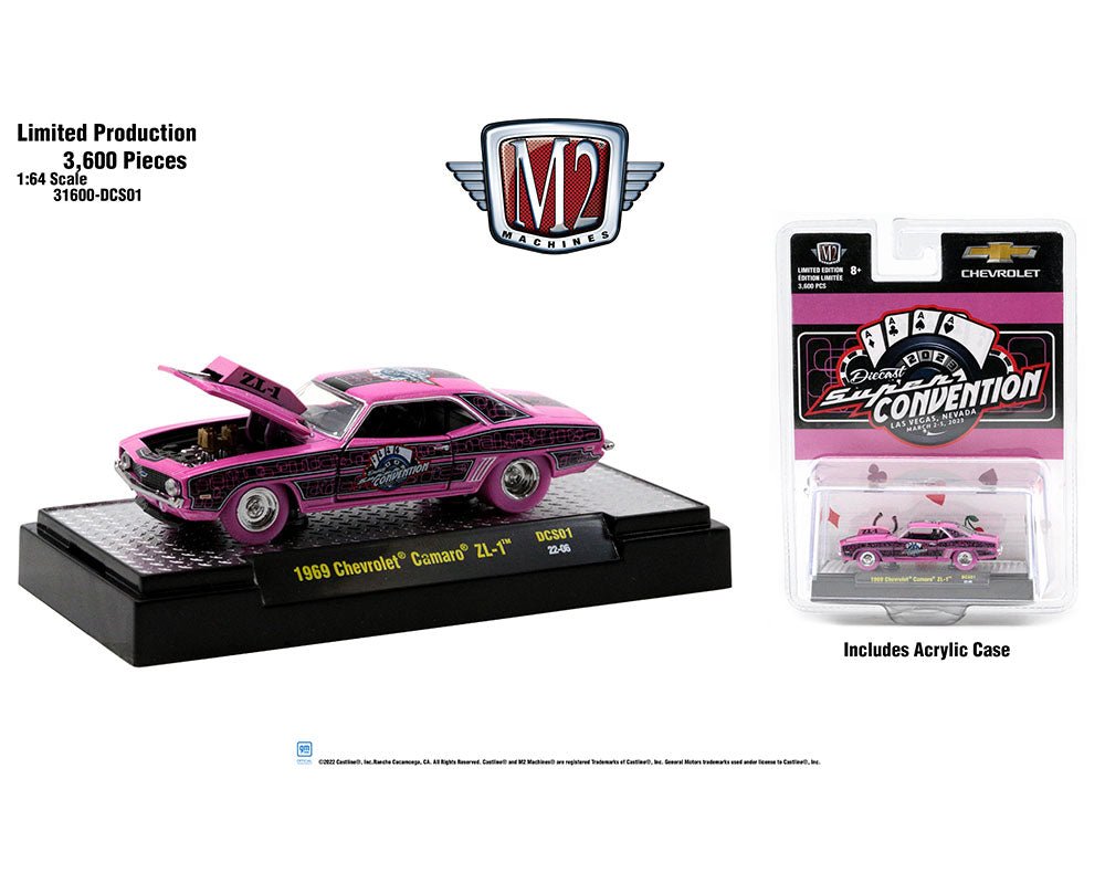 Auto a escala marca M2 Machines Pieza exclusiva de la Supercon 2023, Chevrolet Camaro Finale Car 1969 - Chido Toys