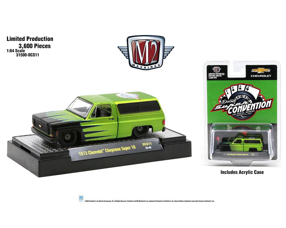 Auto a escala marca M2 Machines Pieza exclusiva de la Supercon 2023, Chevrolet Cheyenne con Camper Cover 1973 - Chido Toys
