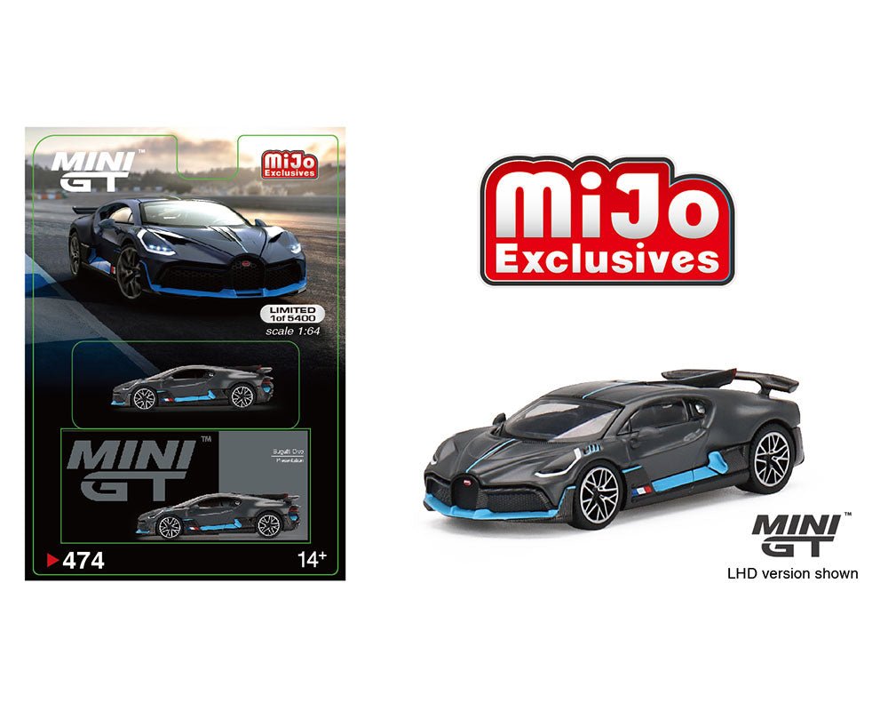 Mini GT Bugatti Divo MiJo 1:64 negro mate con detalles azules, alerón trasero y llantas de goma edición limitada