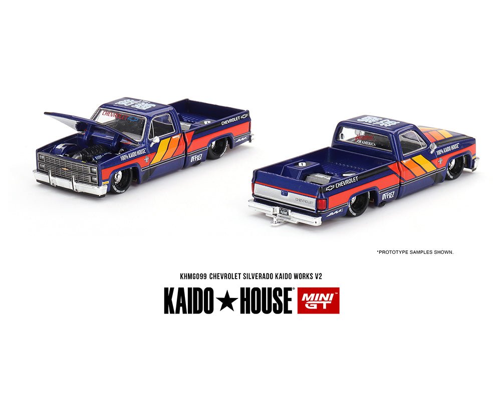Auto a escala marca Mini GT, Modelo Chevrolet Silverado KAIDO WORKS V2 - Chido Toys