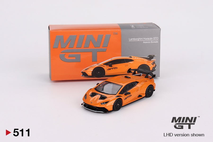 Mini GT Lamborghini Huracán STO Arancio Borealis escala 1:64 diecast con llantas de goma y detalles aerodinámicos de pista