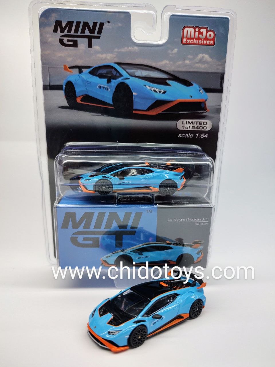 Auto a escala Marca Mini GT, Modelo Lamborghini Huracán STO Blu Laufey - Chido Toys