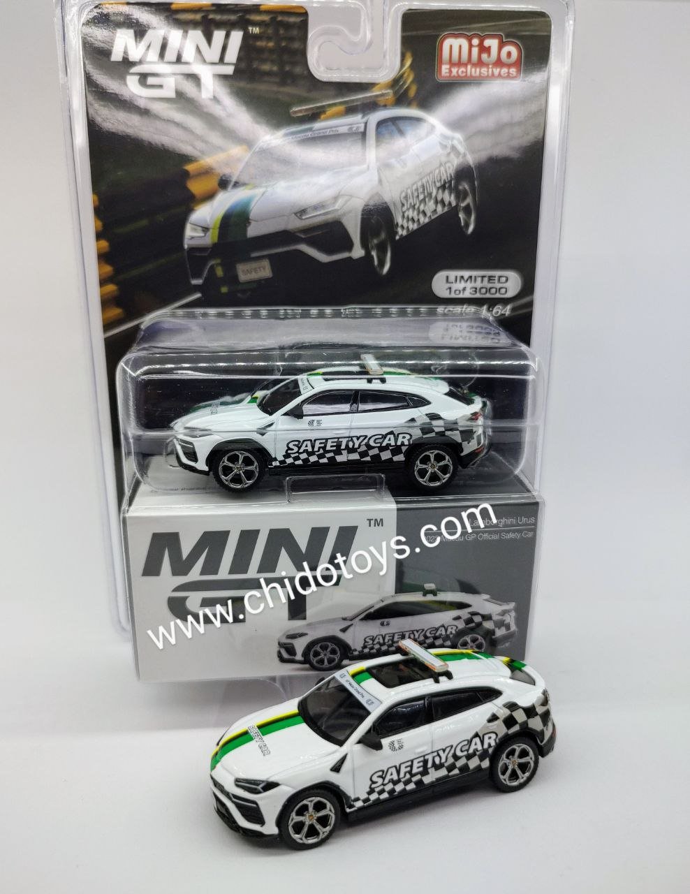 Auto a escala marca Mini GT, Modelo Lamborghini Urus 2022 Macau GP Official Safety Car - Chido Toys