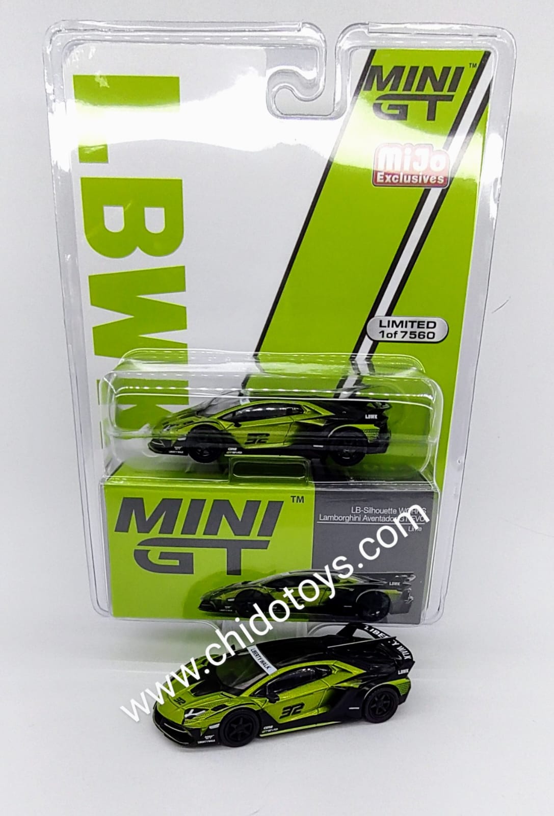 Auto a escala marca Mini GT, Modelo LB - Silhouette WORKS, Lamborghini Aventador GT EVO Lima - Chido Toys