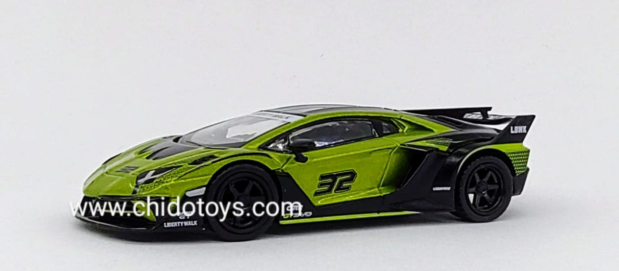 Auto a escala marca Mini GT, Modelo LB - Silhouette WORKS, Lamborghini Aventador GT EVO Lima - Chido Toys