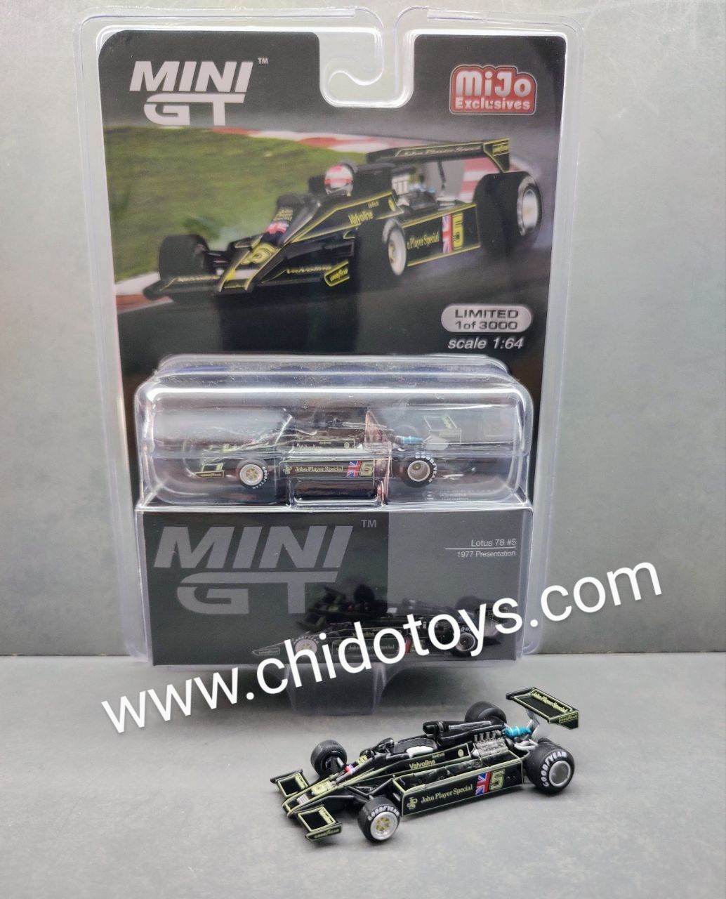 Auto a escala marca Mini GT, Modelo Lotus 78 #5, Gran Premio 1977 - Chido Toys