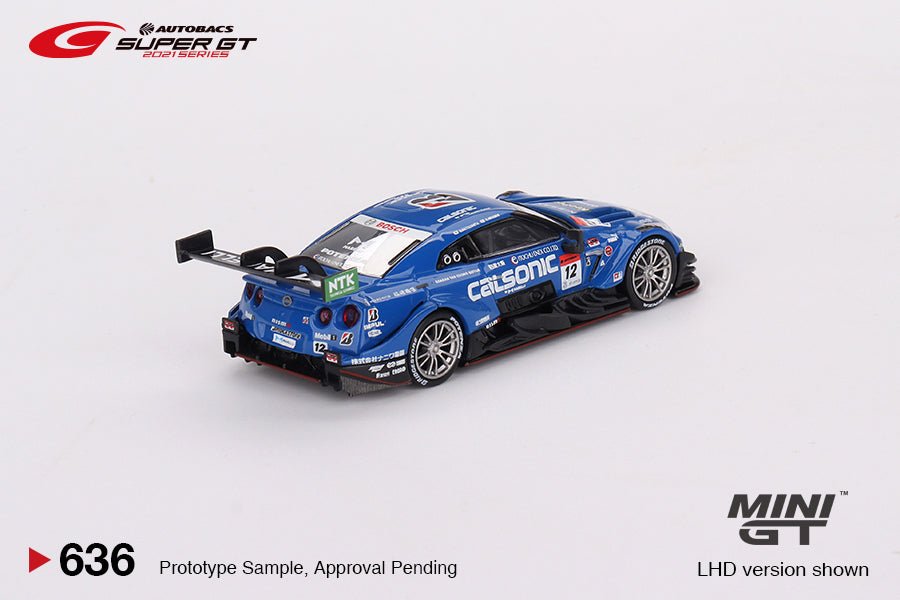 Auto a escala marca Mini GT, Modelo Nissan GT - R R - 35 Nismo GT500 #12 Team Impul 2021 Calsonic - Chido Toys