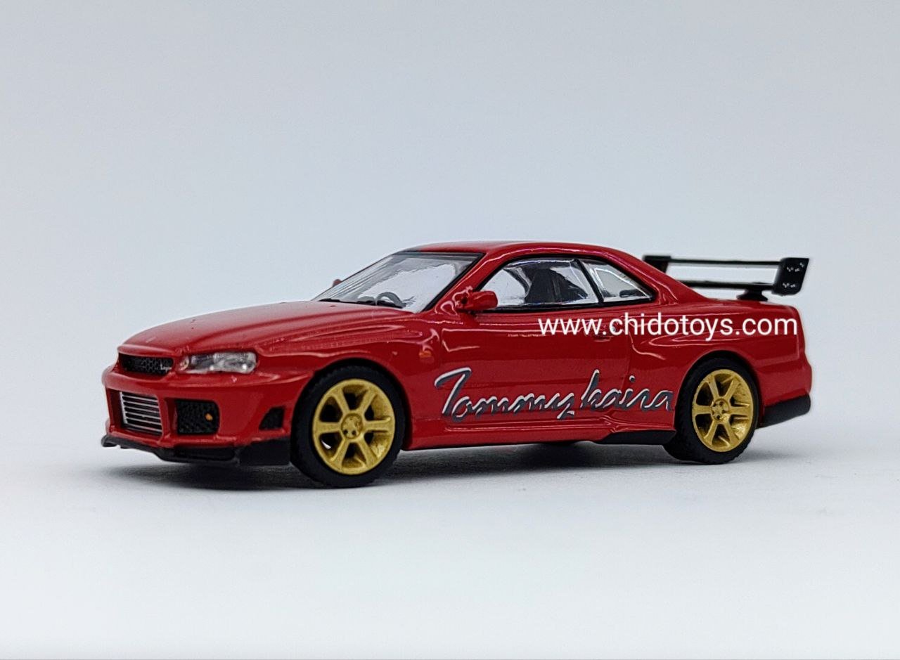 Mini GT Nissan Skyline GT-R R34 Tommykaira R-RZ rojo 1:64 MiJo Exclusives – blister sellado