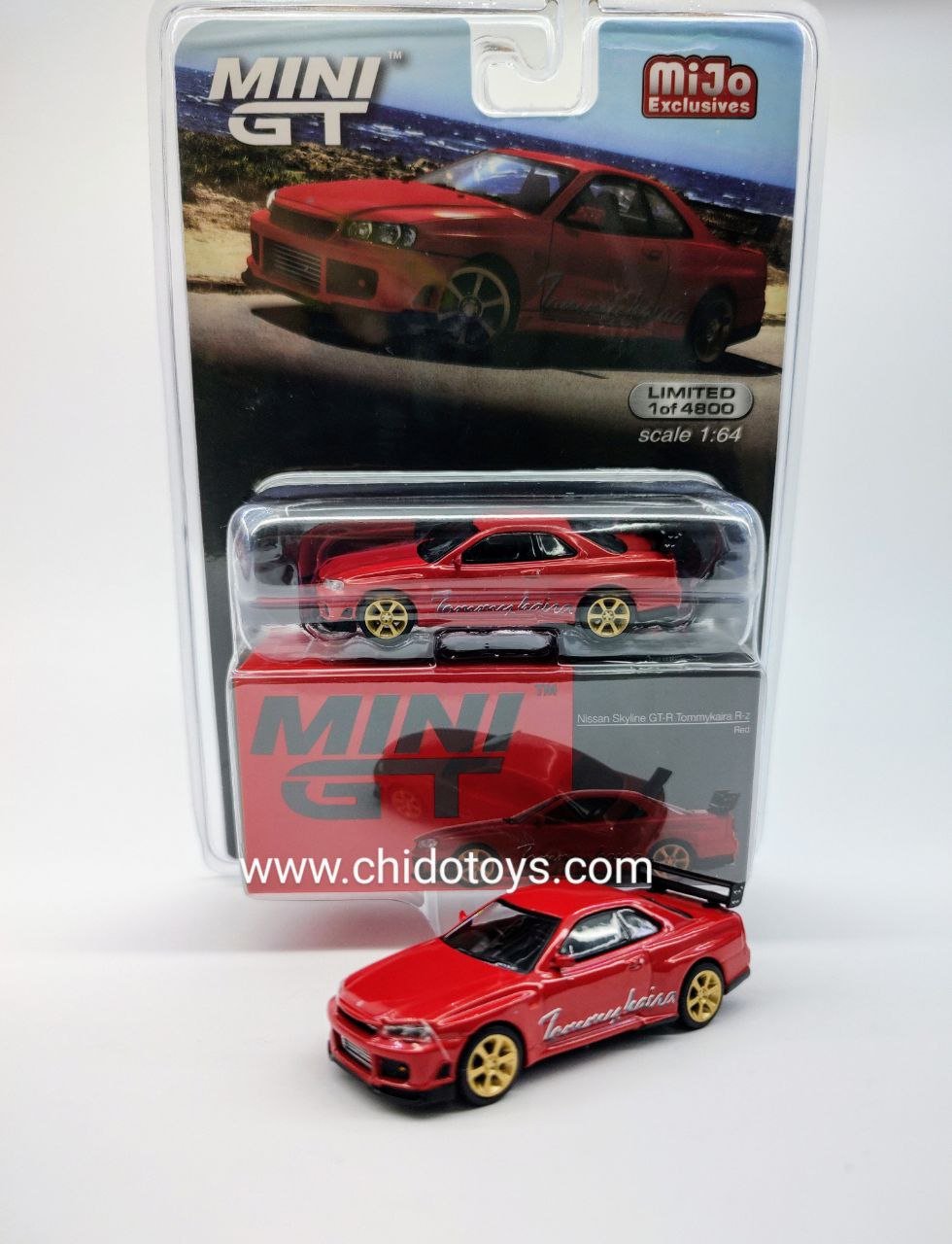 Auto a escala marca Mini GT, Modelo Nissan GT - R Tommykaira R RZ Rojo - Chido Toys