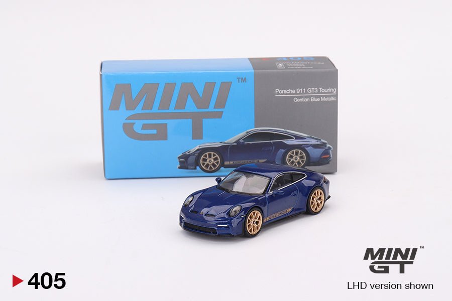 Auto a escala marca Mini GT Porsche 911 (992) GT3 Touring (azul genciana metalizado) - Chido Toys