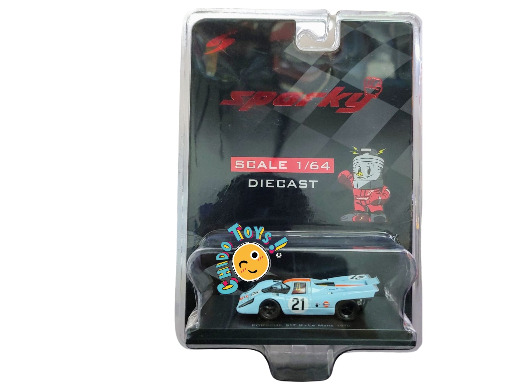 Sparky Porsche 917K #21 1:64 azul Gulf, carrocería metálica, llantas de goma y rodado libre en blíster de tarjeta