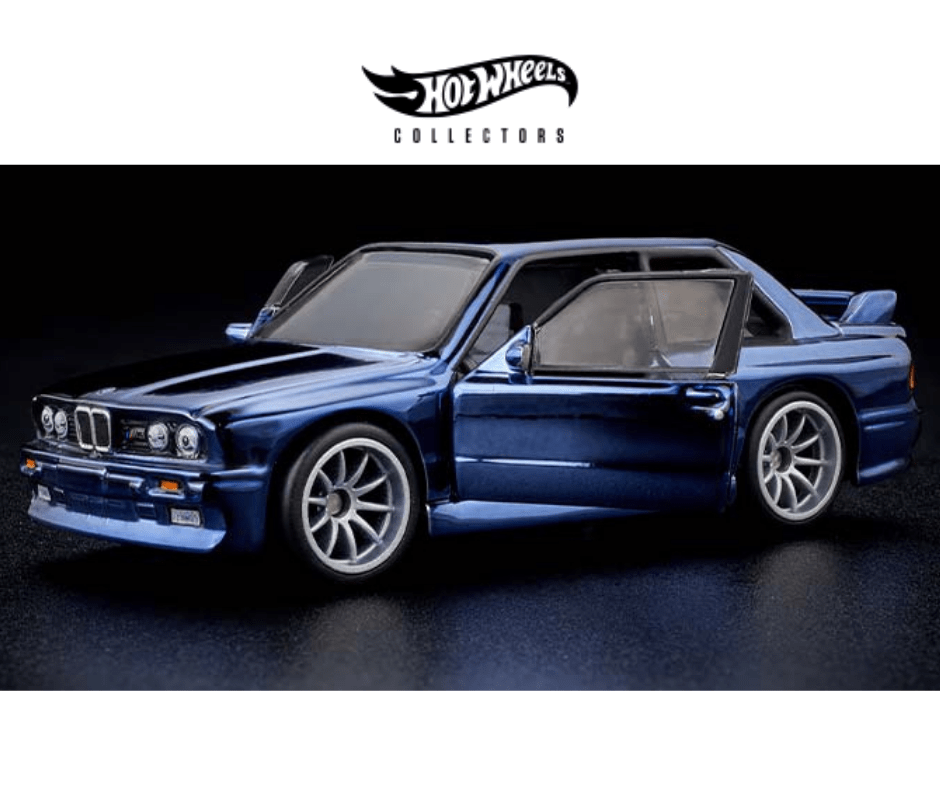 Hot Wheels RLC 1991 BMW M3 azul metálico escala 1:64 con puertas abatibles, llantas Real Riders y capelo acrílico.