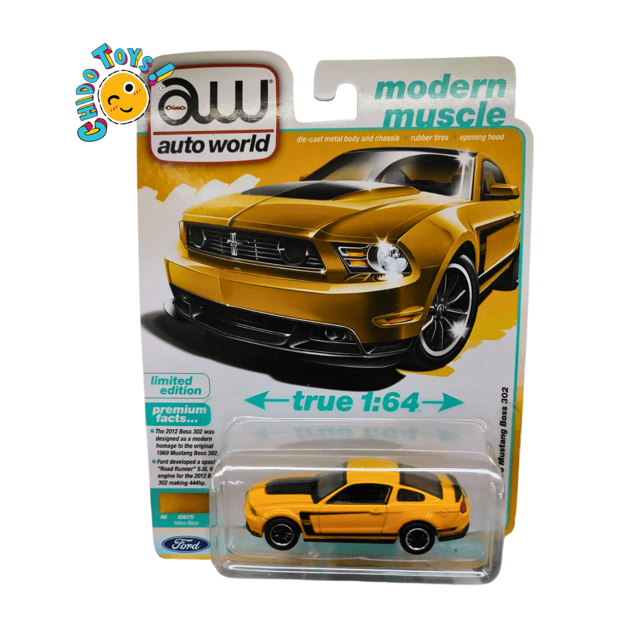 Auto World – 2012 Ford Mustang Boss 302 Amarillo | Escala 1:64 | Modern Muscle - Chido Toys