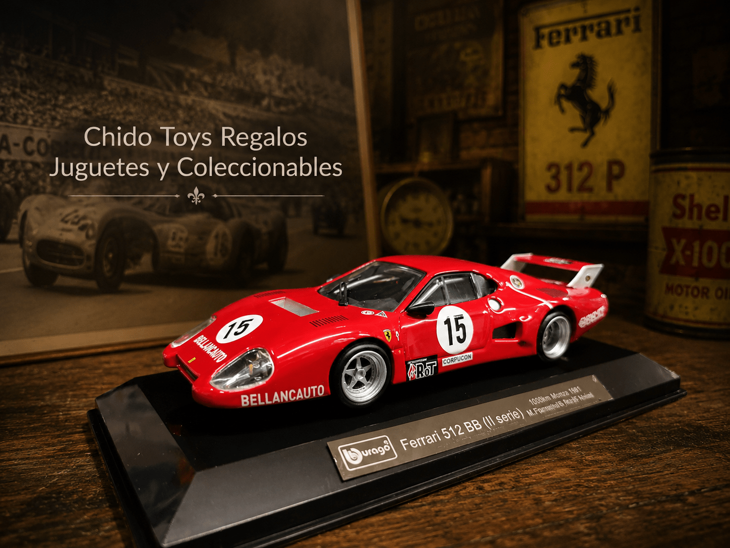 Bburago Ferrari 512 BB Monza 1981 1:43 con Capelo Acrílico - Chido Toys