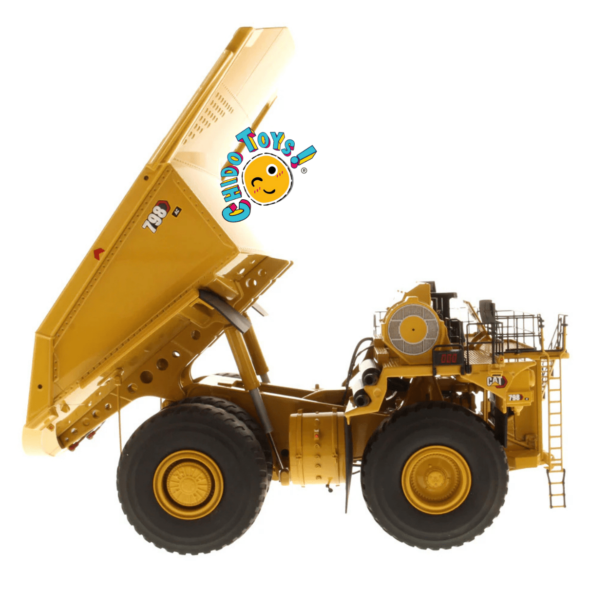 Camión Minero CAT 798 AC a escala 1:50 de metal con llantas de goma funcionales - Chido Toys