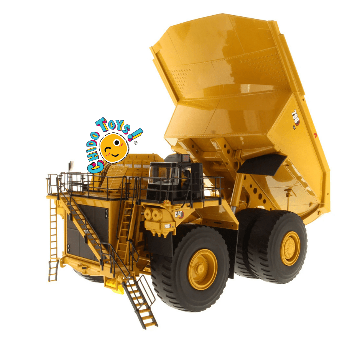Camión Minero CAT 798 AC a escala 1:50 de metal con llantas de goma funcionales - Chido Toys