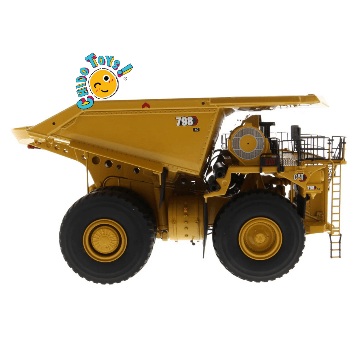 Camión Minero CAT 798 AC a escala 1:50 de metal con llantas de goma funcionales - Chido Toys
