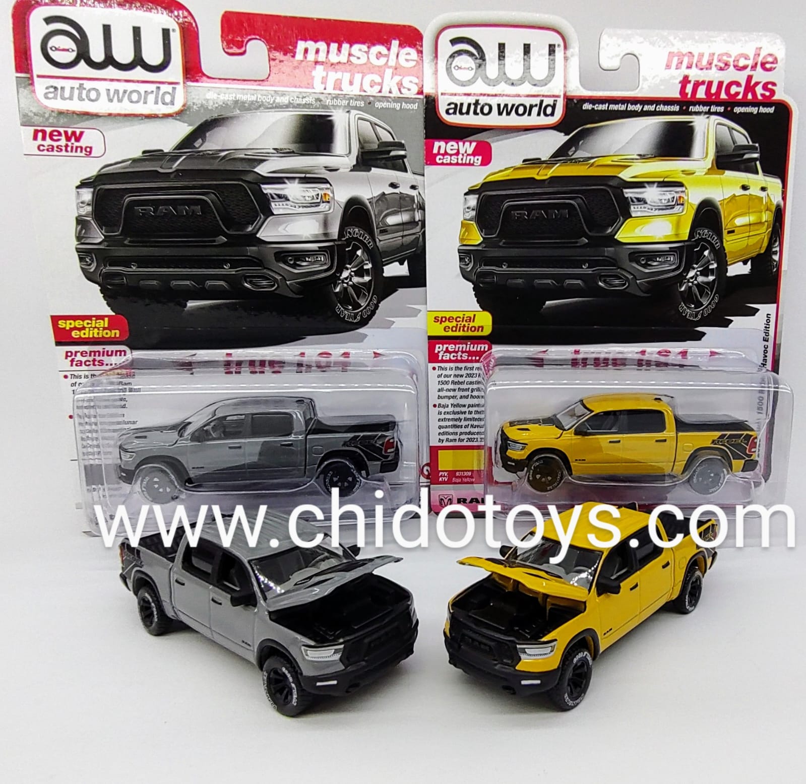 Camioneta a escala marca AutoWorld, Model RAM 1500 Rebel 2023 - Chido Toys