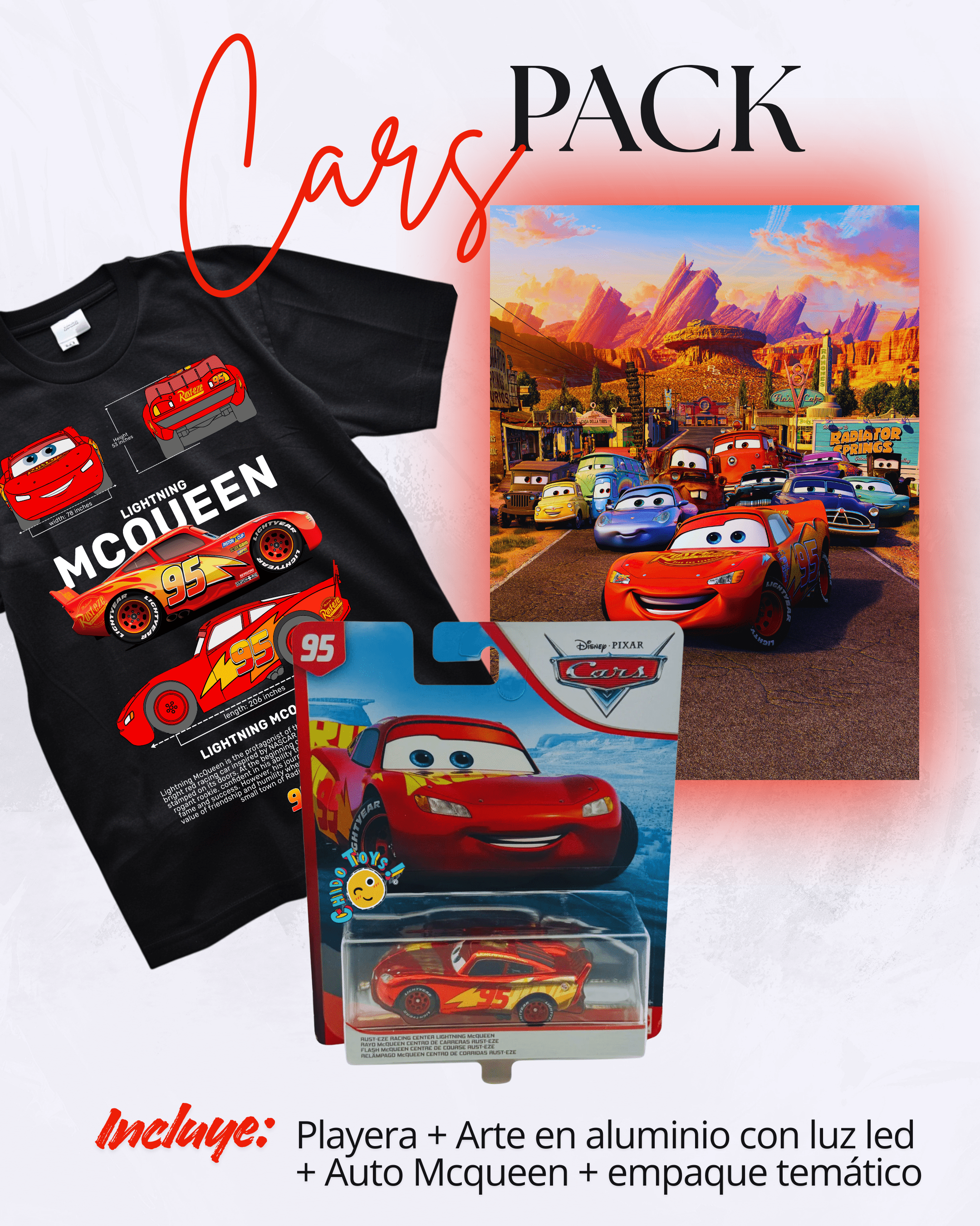 Cars Pack – Playera + Arte en Aluminio con LED 30×40 + Auto Lightning McQueen + Empaque temático (regalo listo) - Chido Toys